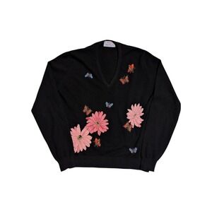 Vintage Ballantyne Cashmere Sweater Womens Size M Black Floral Cottage Scotland